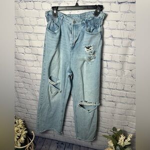 Light denim wide leg ripped jeans with elastic waist band
